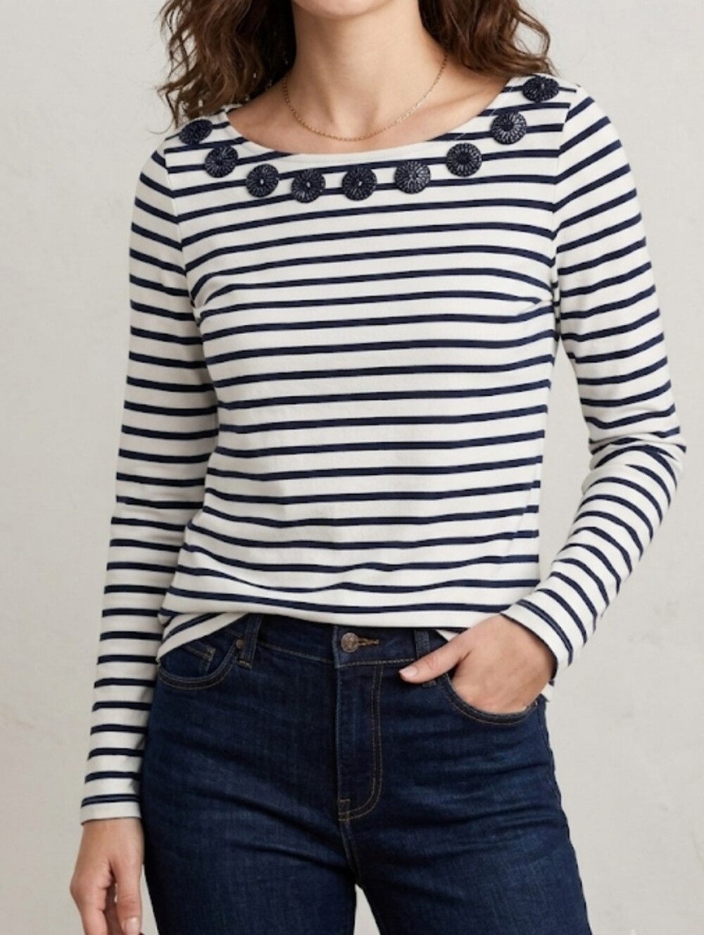 Vineyard Vines Sequin Boat Neckline Navy and White Stripe Long Sleeve Top Size S